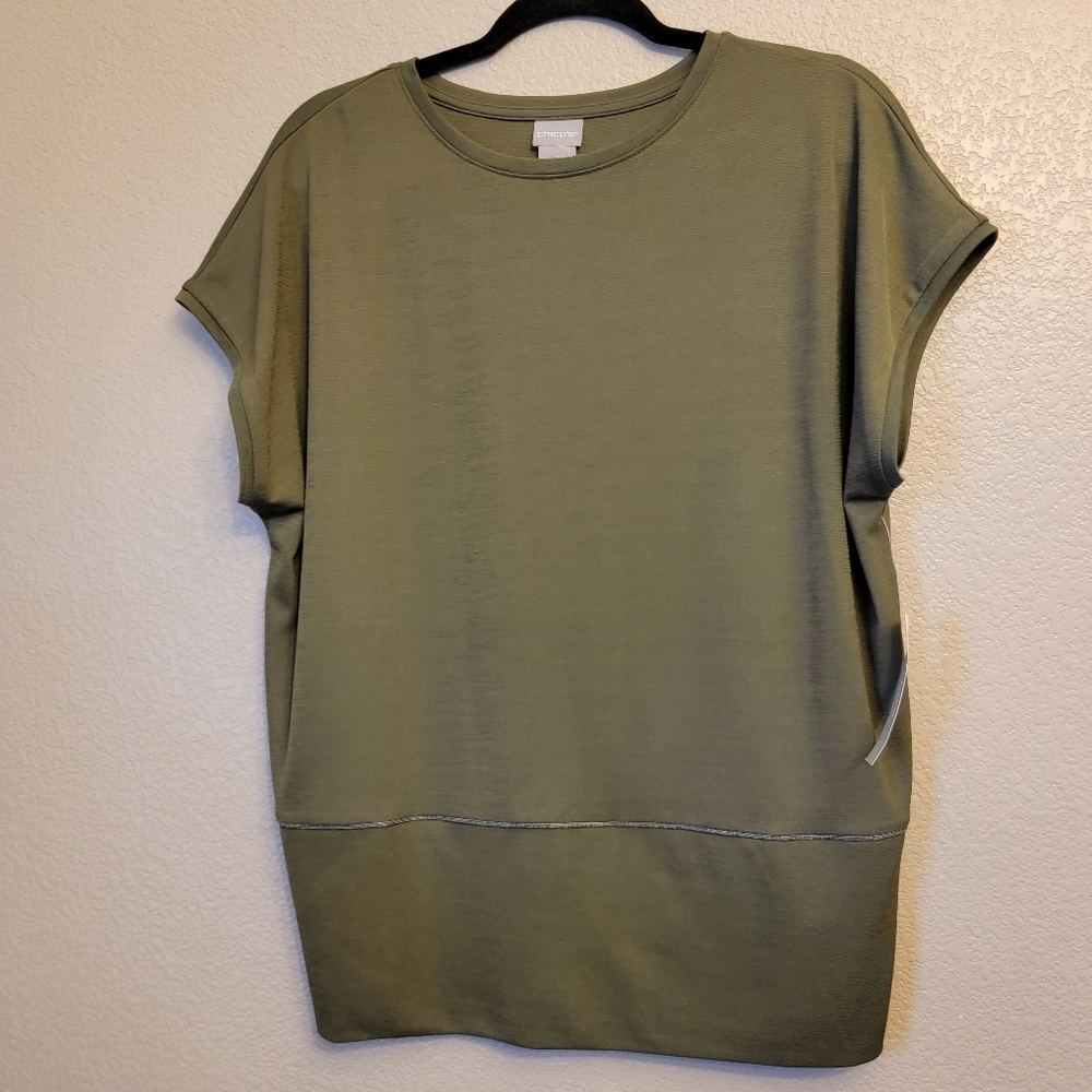 Chico's knit top, beaded hem, deep olive, large/2